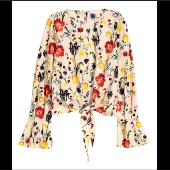H&M Floral Bell Sleeve Crop Top Beige Tie Front Key Hole Size 6 NEW WITH TAG! - Picture 2 of 7